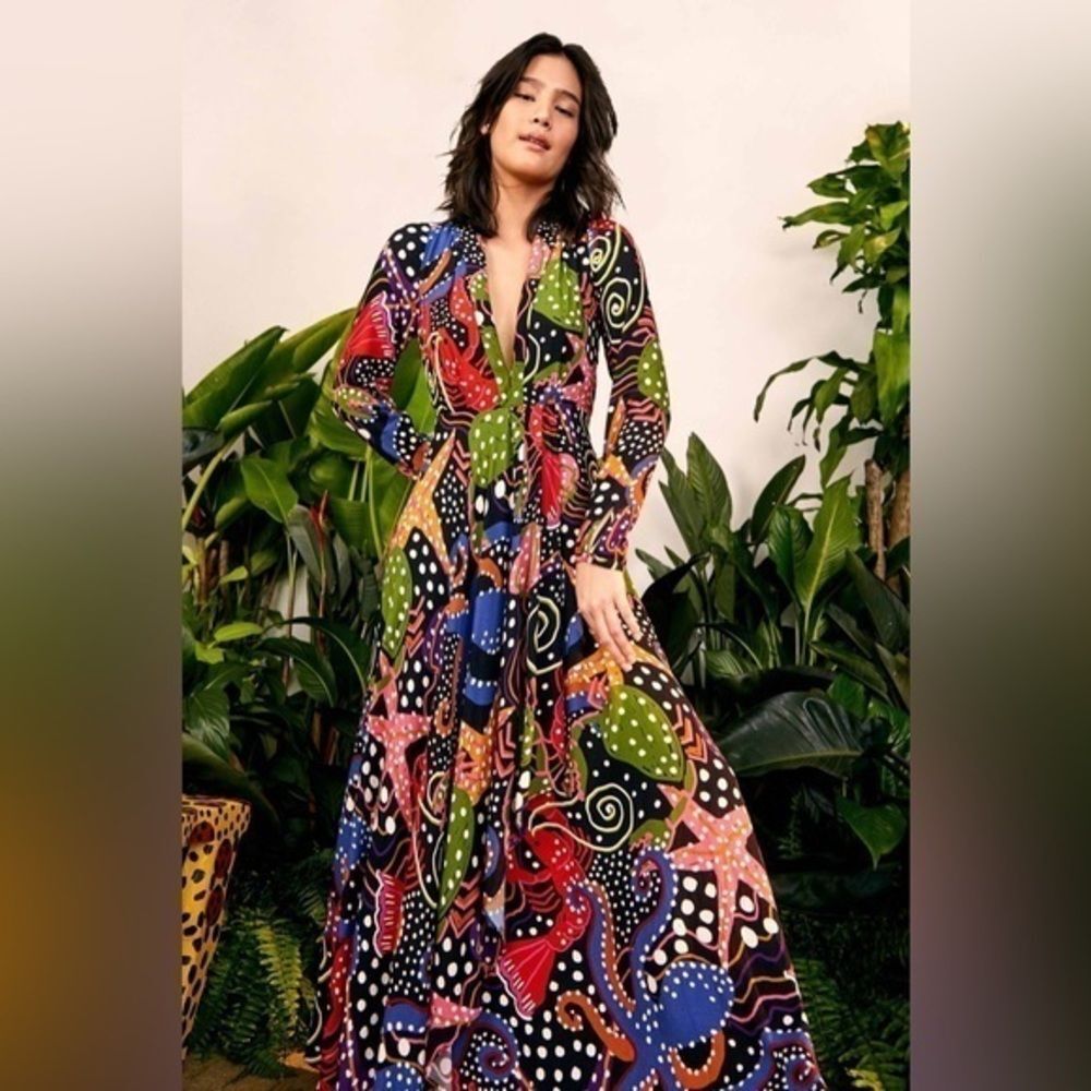 NWT Farm Rio Under The Sea Long Sleeve V-neck Plunge Ruffle Maxi Dress Small - Picture 1 of 15
